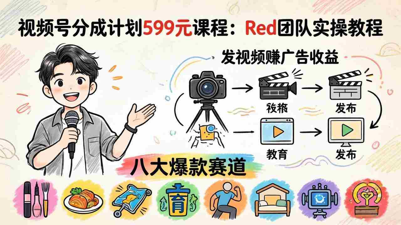 （18088期）视频号分成计划599元课程：Red团队实操教程，发视频赚广告收益，八大爆款赛道全掌握-网创资源