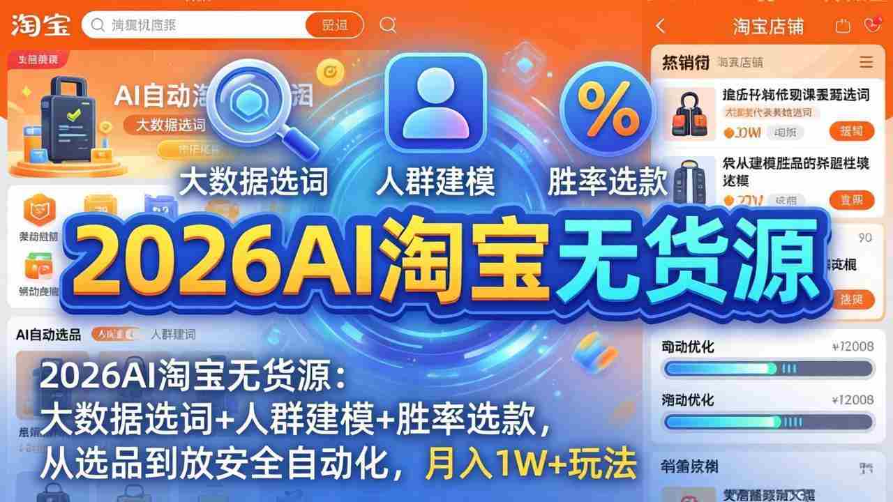 （17955期）2026AI淘宝无货源-4月更新：大数据选词+人群建模+胜率选款，从选品到放大全自动化，月入1W+玩法-网创资源
