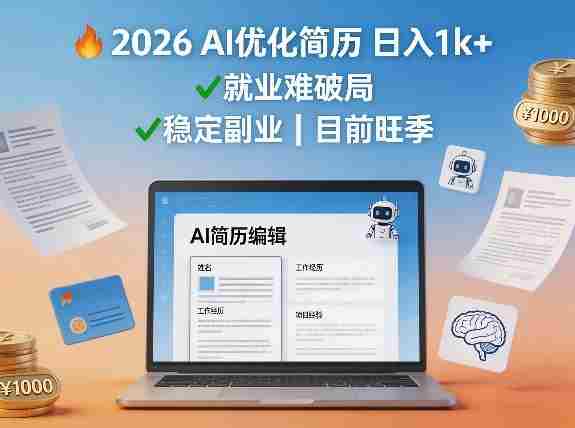 2026用AI优化简历日入1k+就业难，目前旺季，稳定副业-网创资源