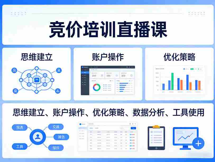 竞价培训直播课，覆盖思维建立、账户操作、优化策略、数据分析、工具使用等，全方位提升效果-网创资源