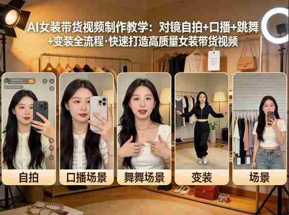 AI女装带货视频制作教学，对镜自拍、口播、跳舞、变装全流程，快速打造高质量女装带货视频-网创资源