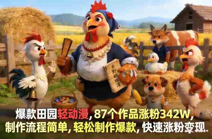 爆款田园轻动漫，87个作品涨粉342W，制作流程简单，轻松制作爆款，快速涨粉变现-网创资源