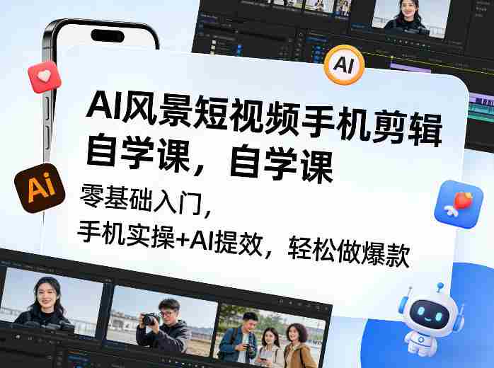 AI风景短视频手机剪辑自学课，零基础入门，手机实操+AI提效，轻松做爆款-网创资源
