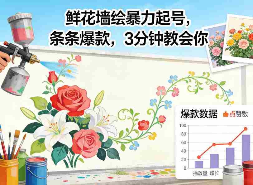 鲜花墙绘暴力起号，条条爆款，3分钟教会你-网创资源