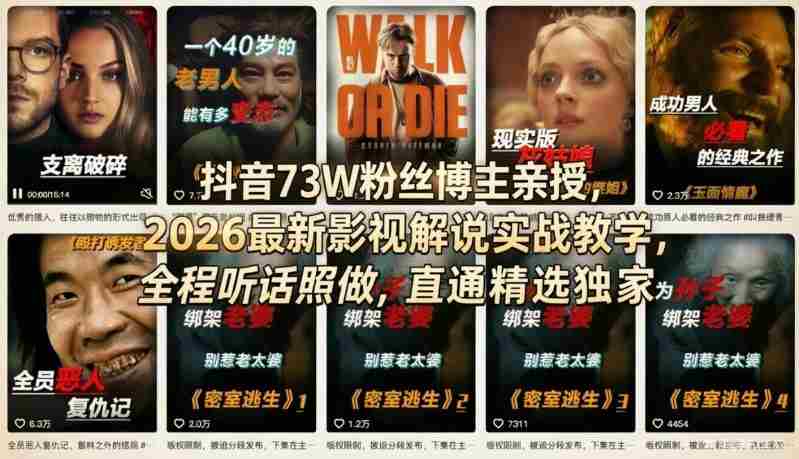 抖音73W粉丝博主亲授，2026最新影视解说实战教学，全程听话照做，直通精选独家-网创资源
