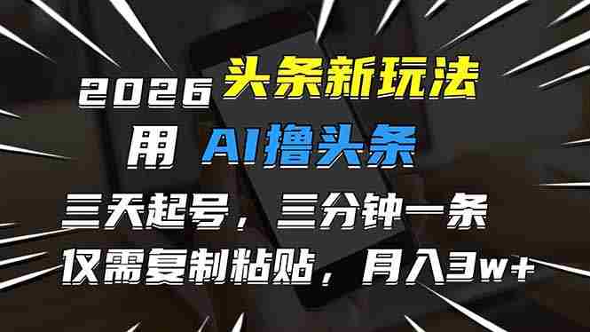 （17351期）2026最新头条玩法，用AI撸头条，3天必起号，3分钟1条，只需要复制粘贴，简单月入3W+-网创资源