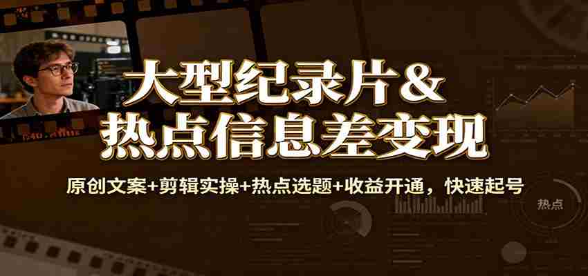 大型纪录片&热点信息差变现：原创文案+剪辑实操+热点选题+收益开通，快速起号-网创资源