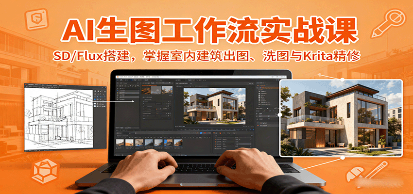 AI生图工作流实战课：SD/Flux搭建，掌握室内建筑出图、洗图与Krita精修-网创资源