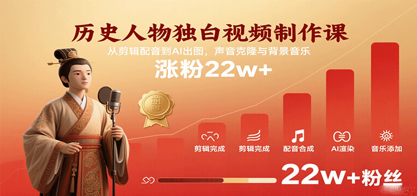 历史人物独白视频制作课，从剪辑配音到AI出图，声音克隆与背景音乐，涨粉22w+-网创资源