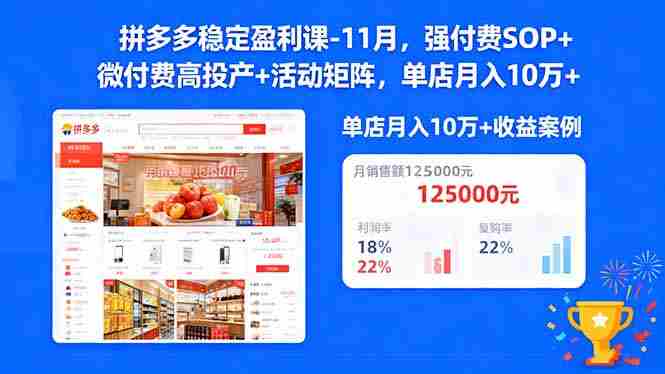 （16473期）拼多多稳定盈利课-11月，强付费SOP+微付费高投产+活动矩阵，单店月入10万+-网创资源