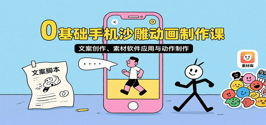 0基础手机沙雕动画制作课，文案创作、素材软件应用与动作制作-网创资源