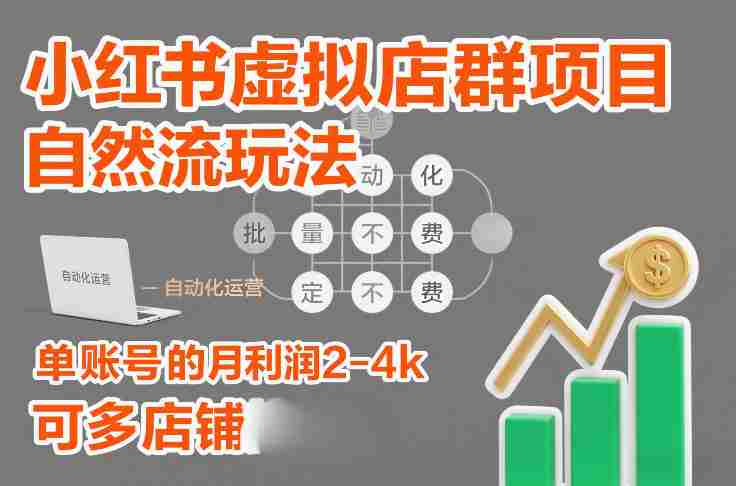 小红书虚拟店群项目，自然流玩法，批量自动化，稳定不费号，单账号的月利润2-4k，可多店矩阵-网创资源