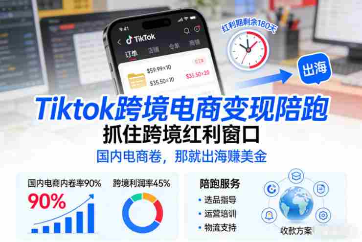 Tiktok跨境电商变现陪跑，抓住跨境红利窗口，国内电商卷，那就出海賺美金-网创资源