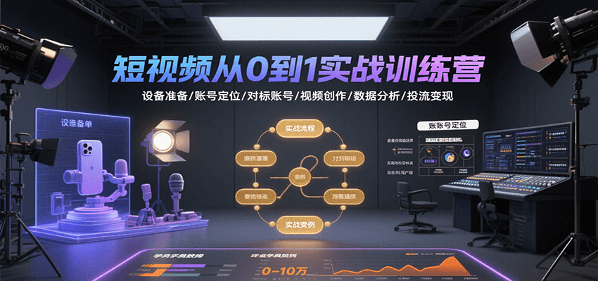 短视频从0到1实战训练营：设备准备/账号定位/对标账号/视频创作/数据分析/投流变现-网创资源
