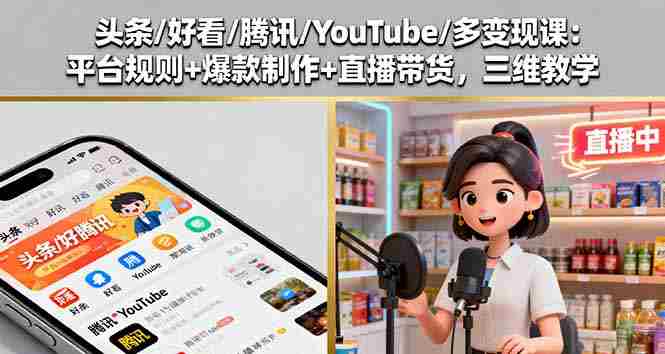 （16147期）头条/好看/腾讯/YouTube/多变现课：平台规则+爆款制作+直播带货，三维教学-网创资源