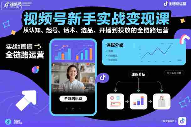 视频号新手实战变现课，从认知、起号、话术、选品、开播到投放的全链路运营-网创资源