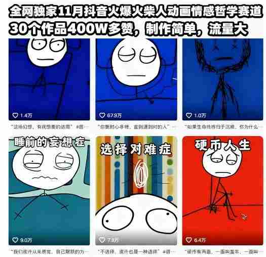 全网独家11月抖音火爆火柴人动画情感哲学赛道，30个作品400W多赞，制作简单，流量大【教学+素材】-网创资源
