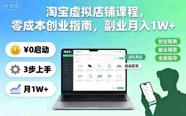 淘宝虚拟店铺课程，零成本创业指南，副业月入1W+-网创资源