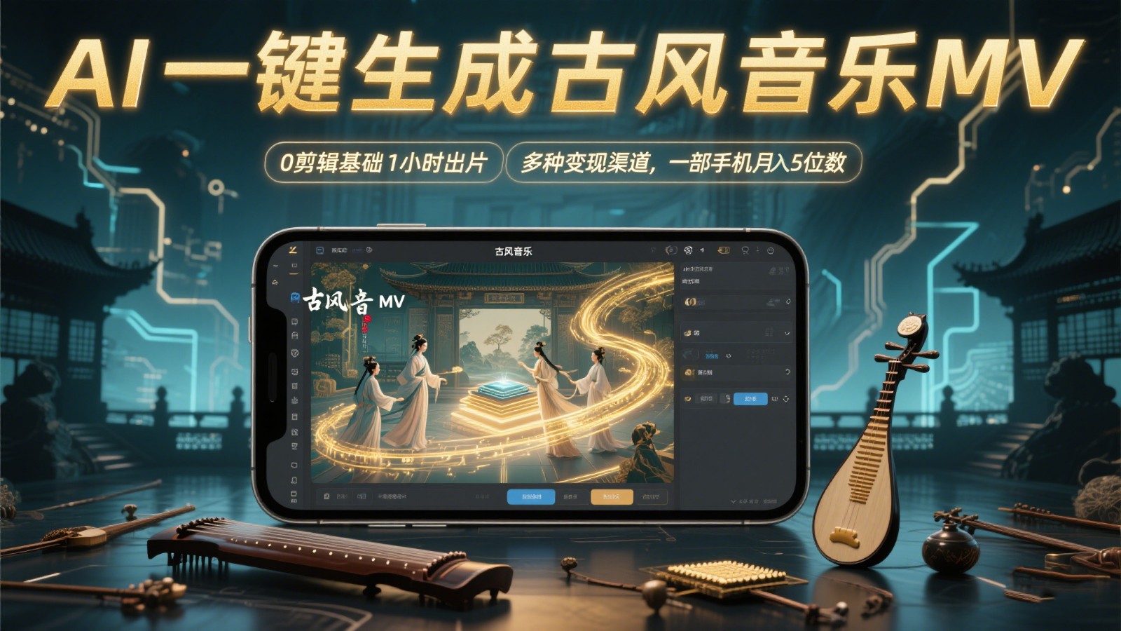 AI一键生成古风音乐MV，0剪辑基础1小时出片，多种变现渠道，一部手机月入5位数-网创资源
