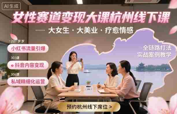 女性赛道变现大课杭州线下，大女生，大美业，疗愈情感，一套小红书、抖音、私域全链路打法-网创资源