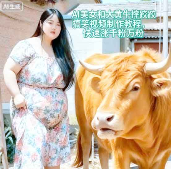 AI美女和大黄牛摔跤搞笑荒诞视频制作教程，快速涨千粉万粉-网创资源