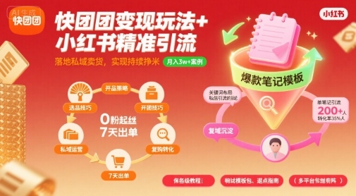 快团团变现玩法+小红书精准引流技巧，助你真正落地私域卖货，实现持续挣米-网创资源