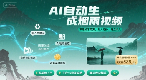 不用拍不用剪！AI自动生成烟雨视频，日入5张+，睡后收入-网创资源
