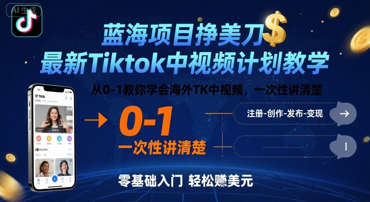 蓝海项目挣美刀，最新Tiktok中视频计划教学，从0-1教你学会海外TK中视频，一次性讲清楚-网创资源