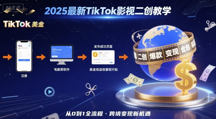 2025年最新TikTok影视二创教学，从注册到发布撸美金全流程，跨境变现新机遇-网创资源