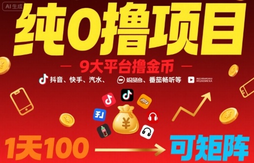纯0撸项目，9大平台撸金币，抖音，快手，汽水，番茄畅听等，1天100，可矩阵-网创资源