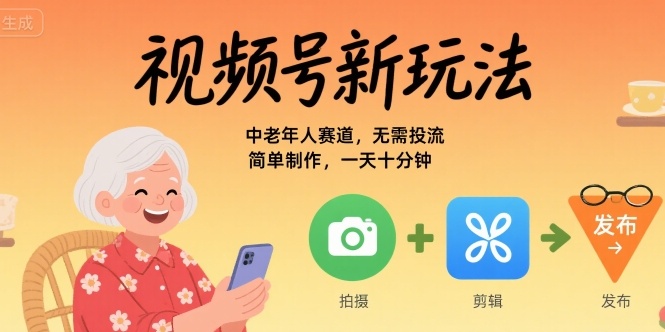 视频号新玩法，中老年人赛道，无需投流，简单制作，一天十分钟，月入1W-网创资源