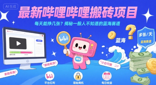 最新哔哩哔哩上B站搬砖项目，每天能挣几张？揭秘一般人不知道的蓝海赛道-网创资源