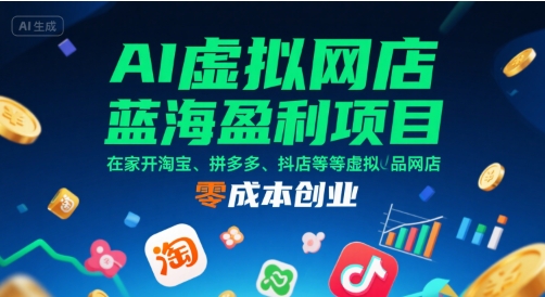 AI虚拟网店蓝海盈利项目，在家开淘宝、拼多多、抖店等虚拟品网店，零成本创业-网创资源