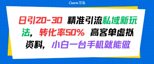 日引 20-30 精准引流私域新玩法，转化率50% 高客单虚拟资料，小白一台手机就能做-网创资源