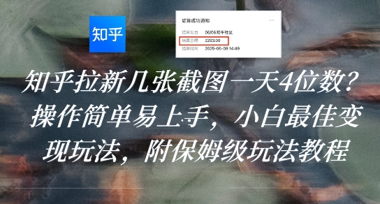 知乎拉新几张截图一天4位数？操作简单易上手，小白最佳变现玩法，附保姆级玩法教程-网创资源