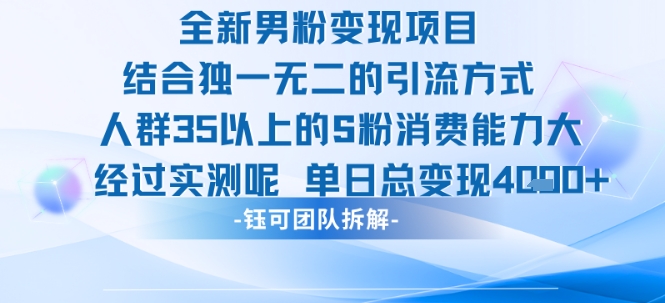 全新男粉变现项目引流人群35以上的男粉消费能力大 经过实测单日变现1k+-网创资源