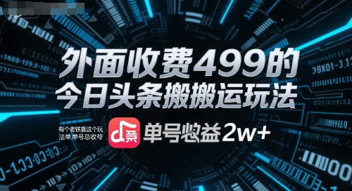 外面收费499的今日头条搬运玩法，有个老铁靠这个玩法单号总收益2w+-网创资源