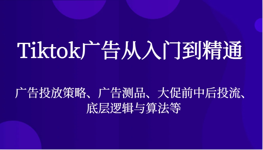 Tiktok广告从入门到精通，广告投放策略、广告测品、大促前中后投流、底层逻辑与算法等-网创资源