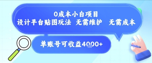 0成本小白项目，设计平台贴图玩法，无需维护，无需成本，单账号单月可产生收益4k+-网创资源