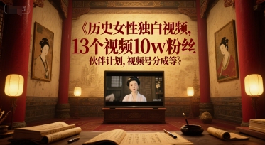 历史女性独白视频，13个视频10w粉丝，伙伴计划，视频号分成等-网创资源