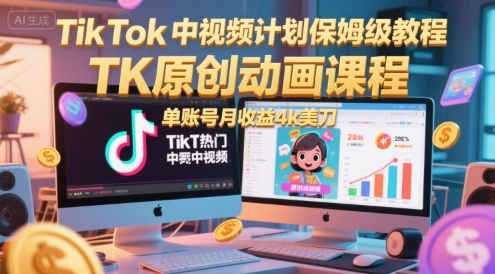 TikTok中视频计划保姆级教程，TK原创动画课程，单账号月收益4k美刀-网创资源
