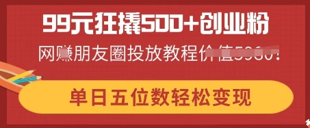 99元狂撬500+创业粉，单日五位数轻松变现，网创朋友圈投放教程-网创资源