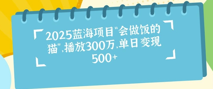 2025蓝海项目“会做饭的猫”，播放300万，单日变现多张-网创资源