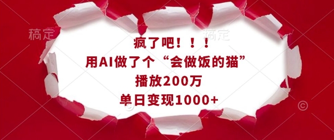 疯了吧！用AI做了个“会做饭的猫”，播放200万，单日变现1k-网创资源