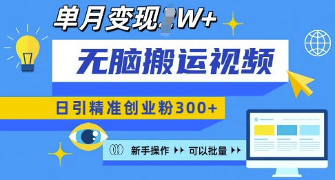 无脑搬运视频号可批量复制，新手即可操作，日引精准创业粉300+，月变现过W 【揭秘】-网创资源
