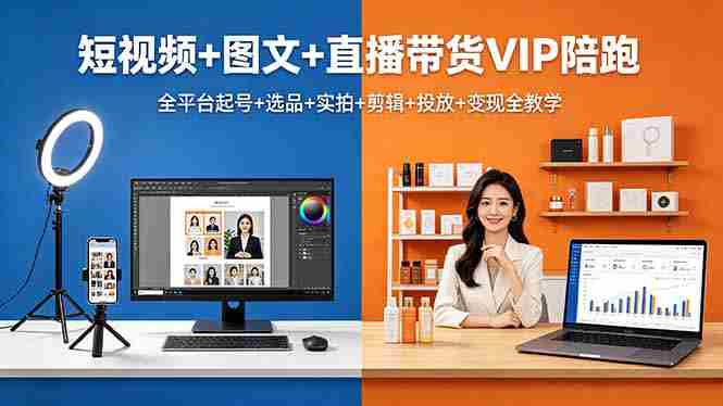 （18319期）短视频+图文+直播带货VIP陪跑，全平台起号+选品+实拍+剪辑+投放+变现全教学-网创资源