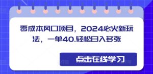 零成本风口项目，2024必火新玩法，一单40，轻松日入多张-网创资源