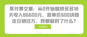 某付费文章：从0开始做拼多多18天收入86600元，客单价600块稳定日销过万，我都做对了什么?-网创资源