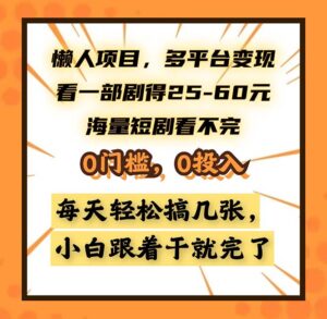 （13139期）懒人项目，多平台变现，看一部剧得25~60，海量短剧看不完，0门槛，0投…-网创资源