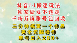 抖音1：1搬运独创顶级玩法!三分钟一条作品!单号每天稳定200+收益，千粉万粉账号包回收-网创资源